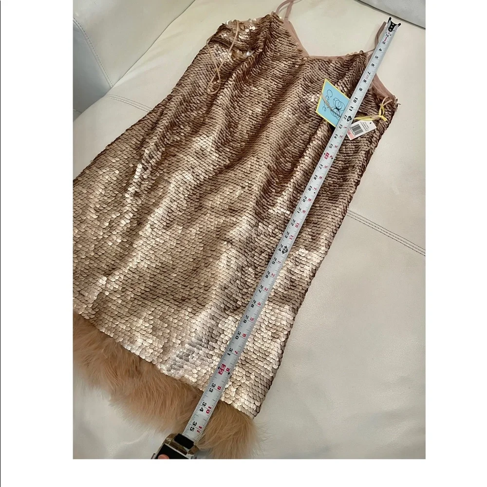 CECE Ostrich feather luxe gold sequin shift dress feather hem STUNNING NWT (10)